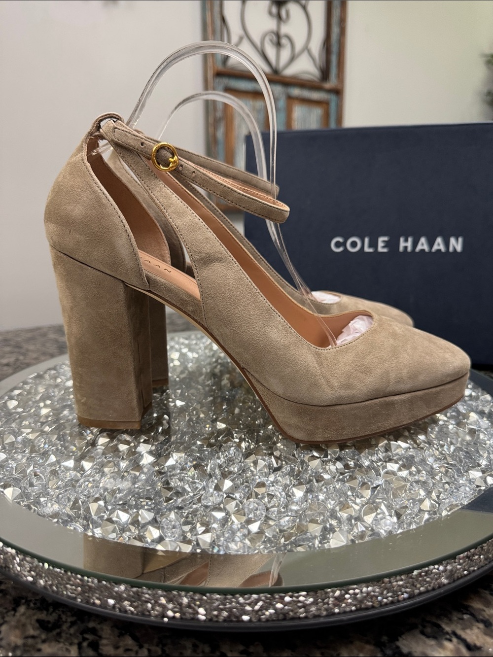Cole Haan Taupe Suede Platform Mary Jane Pump with Ankle Strap